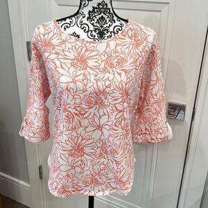Hot Cotton Women's Petite M Coral color Floral Knit Cotton button 3/4 Sleeve